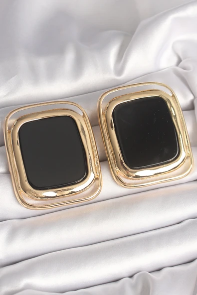 Pirinç Gold Renk Siyah Mineli Kare Model Kadın Küpe ürün görseli 1