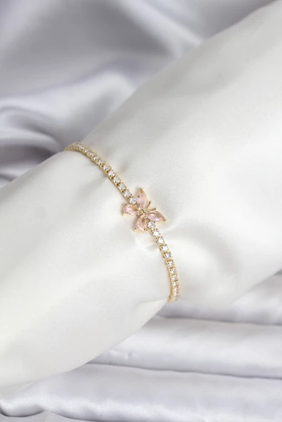 Kelebek Model Zirkon Taşlı Gold Renk Pirinç Su Yolu Kadın Bileklik ürün görseli 1