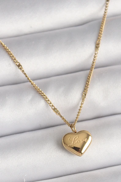 316L Çelik Gold Renk Zincir Love İşlemeli Kalp Figür Kadın Kolye ürün görseli 1