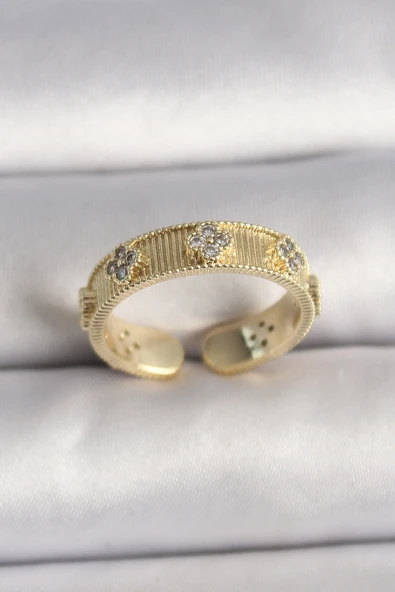 Pirinç Gold Renk Zirkon Taşlı Yonca İşlemeli Ayarlanabilir Yüzük ürün görseli 1