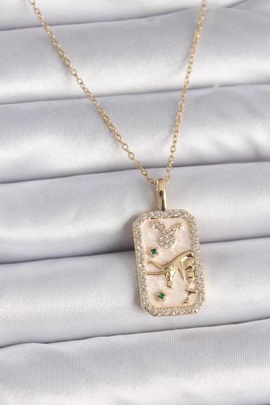 316L Çelik Gold Renk Zincir Boğa Burcu Zirkon Taşlı Kadın Kolye ürün görseli 1