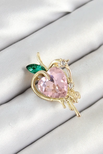 Pembe Ve Yeşil Zirkon Taşlı 3D Eriyen Kalp Figürlü Gold Renk Kadın Broş ürün görseli 1