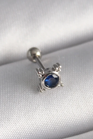 316L Çelik Gümüş Renk Mavi Zirkon Taşlı Tragus Piercing ürün görseli 1
