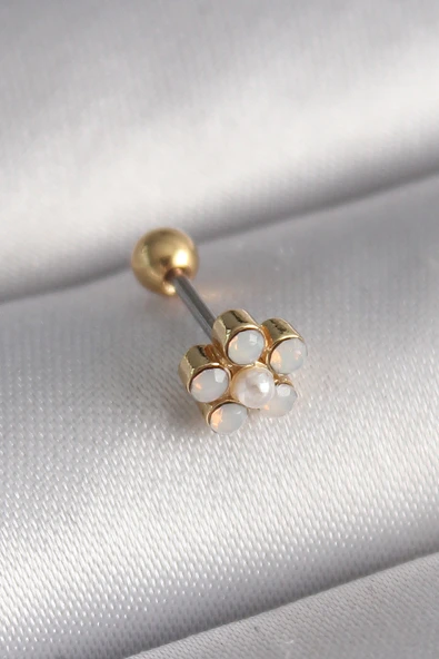 316L Çelik Gold Renk Zirkon Taşlı Çiçek Model Tragus Piercing ürün görseli 1