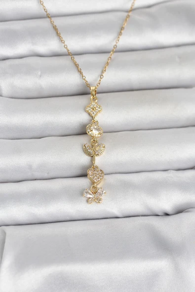 316L Çelik Gold Renk Şans Kolyesi Y Model Zirkon Taşlı Kadın Kolye ürün görseli 1