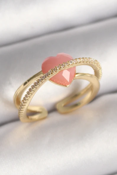 Pirinç Gold Renk Pembe Kristal Kalp Model Zirkon Taş Detaylı Kadın Yüzük ürün görseli 1
