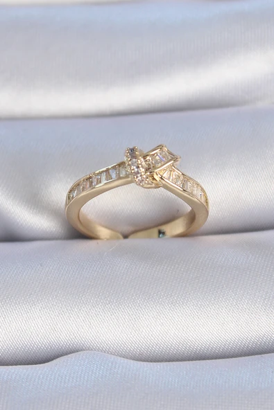 Pirinç Gold Renk Zirkon Taşlı Düğüm Model Kadın Yüzük ürün görseli 1