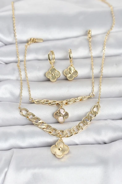 Gold Renk Pirinç Kolye Bileklik ve Küpe Seti ürün görseli 1