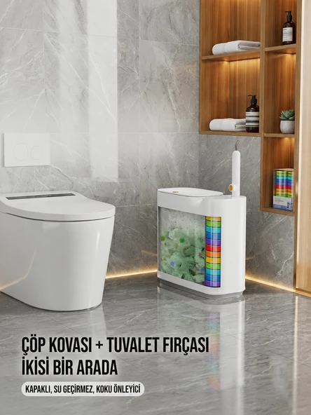 Kartuşlu Tuvalet Fırçası ve Çöp Kovası Seti 2si 1 Arada, Dokunmatik Kapaklı Hijyenik WC Fırça ürün görseli 1
