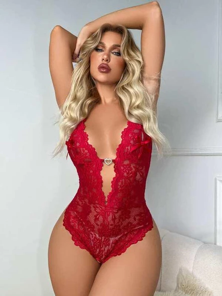 Metal Kalp Aksesuarlı Dantelli Kırmızı Body ürün görseli 1