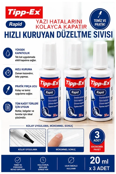 Sıvı Silici Daksil 3 Adet Tipp-Ex 20 ml Fırçalı Sıvı Düzeltici Daksil Yazı Düzeltici Okul Ofis Büro Fırça Uçlu Daksil ürün görseli 1