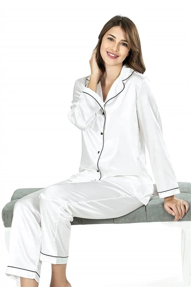 Amora Secret  Ekru İkili Saten Gecelik Pijama Takımı 7647 ürün görseli 1