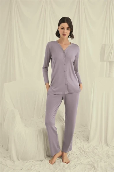 Uzun Kollu Boydan Düğmeli V Yaka Pijama Takımı ürün görseli 1