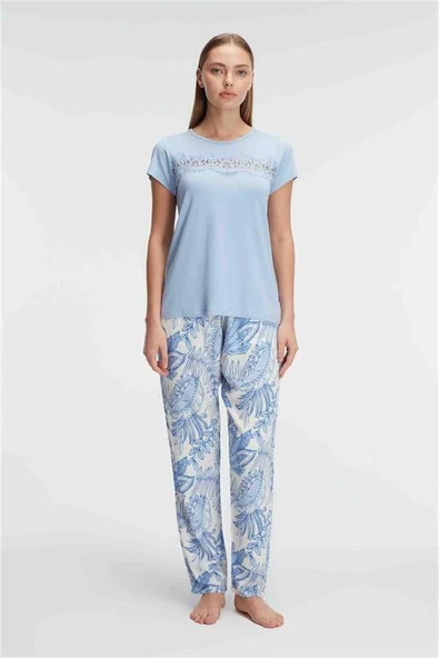 Kısa Kol Bisiklet Yaka Kadın Viskon Çiçek Desenli Yazlık ÖRME Dantel Detaylı Pijama Takımı ürün görseli 1