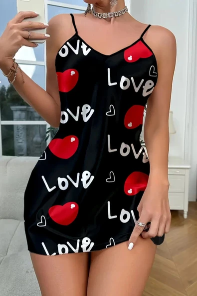 Amora Secret Love Desenli Siyah Saten Gecelik ürün görseli 1
