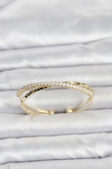 Pirinç Gold Renk Zirkon Taşlı ve Dorika Model Kadın Bileklik ürün görseli 1