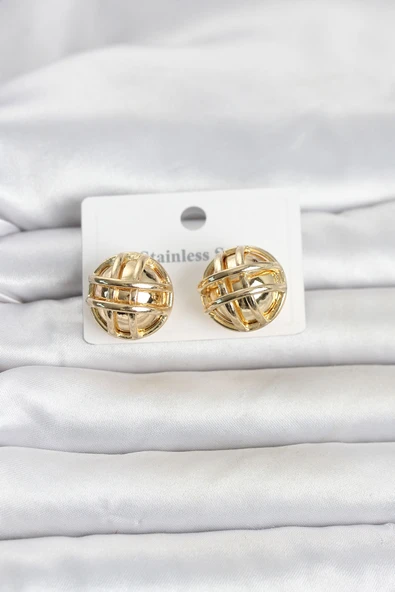 316L Çelik Gold Renk Desenli Top Model Kadın Küpe ürün görseli 1