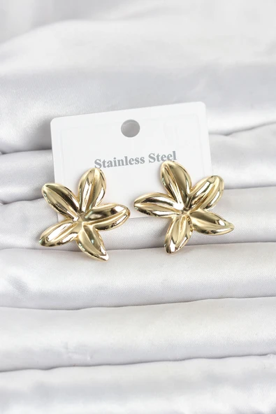 316L Çelik Gold Renk Lotus Çiçeği Model Kadın Küpe ürün görseli 1