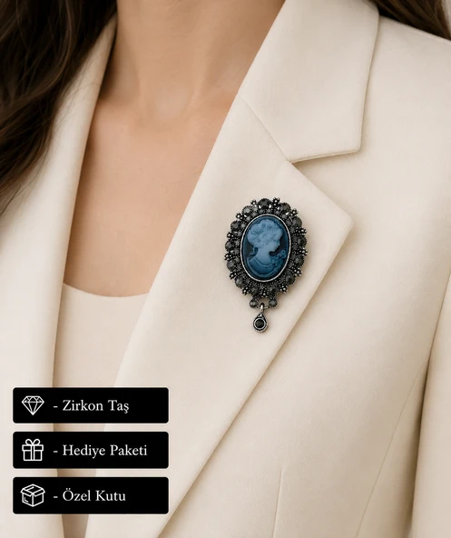 Vintage Cameo Desenli Siyah Taşlı Kadın Broşu Zarif Hediye Aksesuarı ürün görseli 1