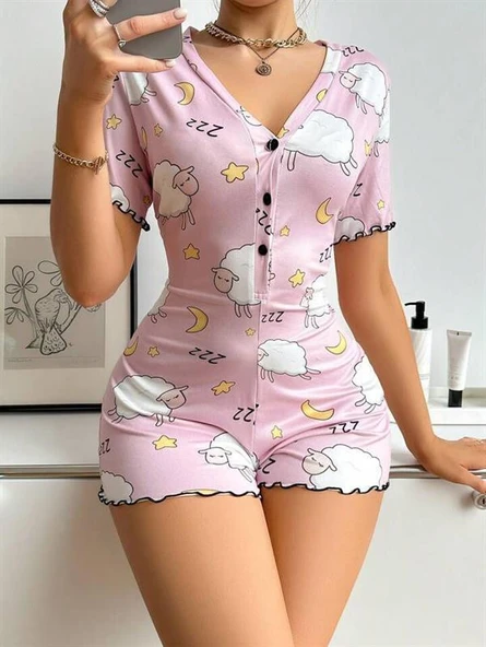 Pamuklu Pembe Kuzu Desenli Düğmeli Uzun Kol Tulum Pijama ürün görseli 1