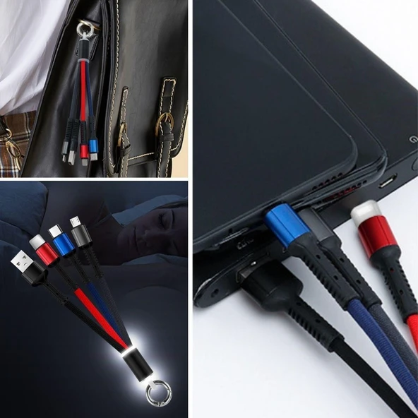 Işıklı Anahtarlık Model 3 in 1 USB Çıkışlı MİKRO,TYPE-C ve İphone Uyumlu Şarj Kablosu (5067) ürün görseli 1