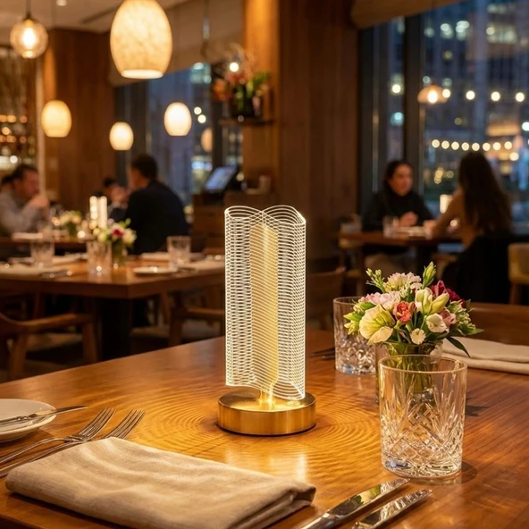 Dalgalı Silindirik Kristal Çizgili Model LED Masa Lambası – Gold Tabanlı, Dokunmatik, 3 Renk Işık Modlu, Şarjlı Modern Dekoratif Gece Lambası (5067) ürün görseli 1