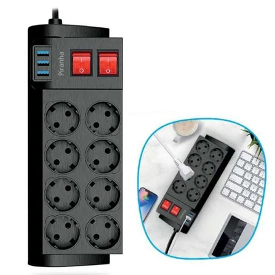 Isıya Dayanıklı Termal Akım Korumalı 2 Metre 16A 4000W 8li Priz ve 3 Usb Li Uzatma Kablosu (5067) ürün görseli 1