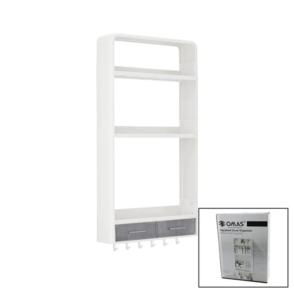 BEYAZ YAPIŞKANLI DUVAR ORGANİZERİ PLASTİK 3 RAF=14CM-19CM-30CM - 2 ÇEKMECE=40CM - 6 ASKI 19 PARÇA (5067) ürün görseli 1