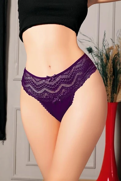 Closet Büyük Beden Bel Kısmı Dantelli  Mor Tanga String ürün görseli 1