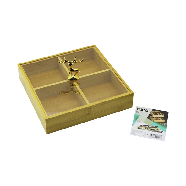 KARE 4 BÖLMELİ=2IN1=BÖLMESİZ ÇOK AMAÇLI KUTU AHŞAP BAMBU SERVİS SUNUM TEPSİ - TAHTASI 22X22X5CM (5067) ürün görseli 1