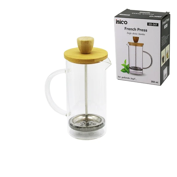FRENCH PRESS BAMBU KAPAK 350ML CAM BİTKİ SÜZGEÇİ (5067) ürün görseli 1
