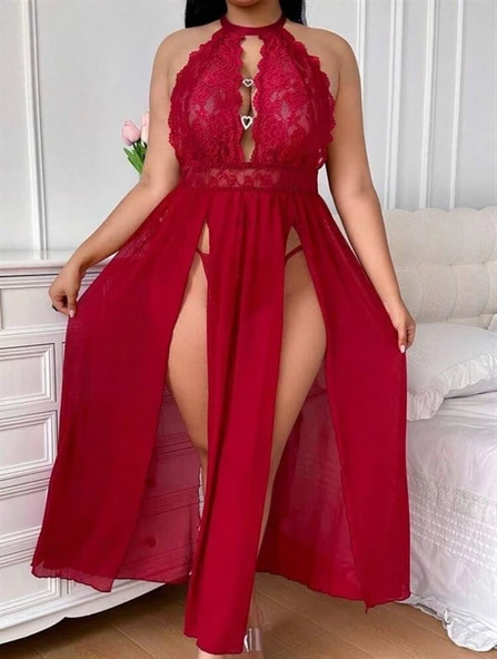Closet Büyük Beden Kırmızı Dantel İşlemeli Göğüs Detaylı Yırtmaçlı  Gecelik ürün görseli 1