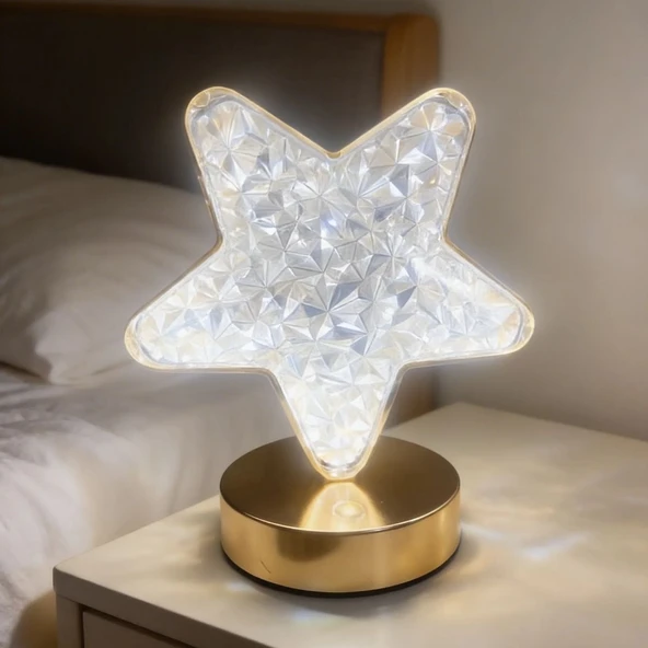 Yıldız Model Kristal LED Masa Lambası – Dokunmatik, 3 Renk Işık Modlu, Şarjlı Mini Dekoratif Gece Lambası (5067) ürün görseli 1