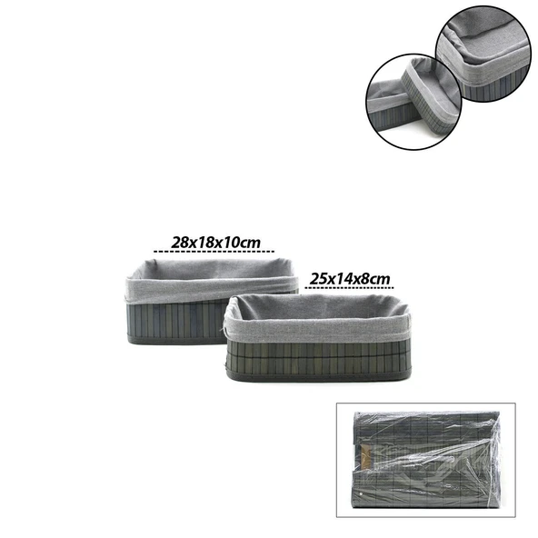 GRİ 2 BOY D.DÖRTGEN BAMBU KENAR ORGANİZER SEPET AHŞAP ALTLIK - BEZLİ 25X14-28X18CM (5067) ürün görseli 1