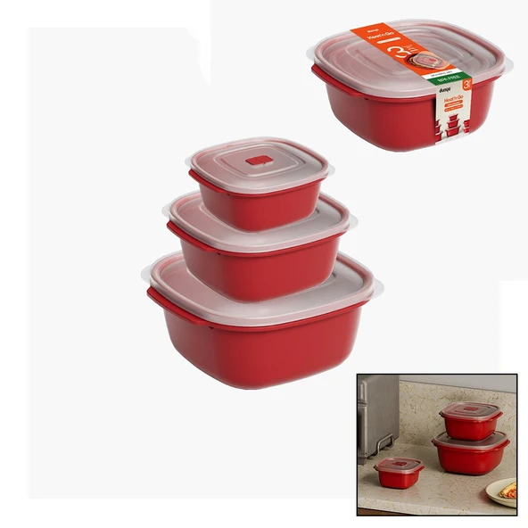 3 PCS KIRMIZI KARE SAKLAMA KABI SET 550-1100-2200ML (5067) ürün görseli 1
