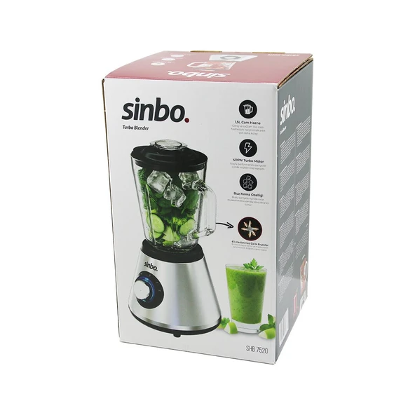 TURBO DOĞRAYICI BLENDER BUZ KIRICI 6LI BIÇAK=PASLANMAZ ÇELİK - 1.5LT CAM HAZNE 2 KADEME HIZ 400W 18000 DEVİR/DK HAZNE=1.6LT SHB-7520 (5067) ürün görseli 1