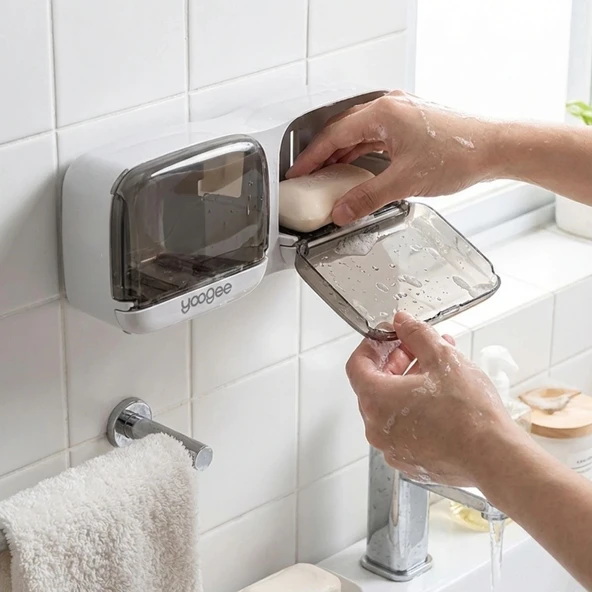 Duvara Monte İkili Kapaklı Plastik Katı Sabunluk Organizer – Banyo & Mutfak İçin Yapışkanlı Sabun Kutusu ve Düzenleyici (5067) ürün görseli 1