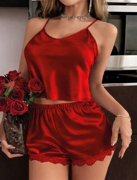 Closet Kırmızı İnce Askılı Dantel İşlemeli Saten Şortlu Takım ürün görseli 1