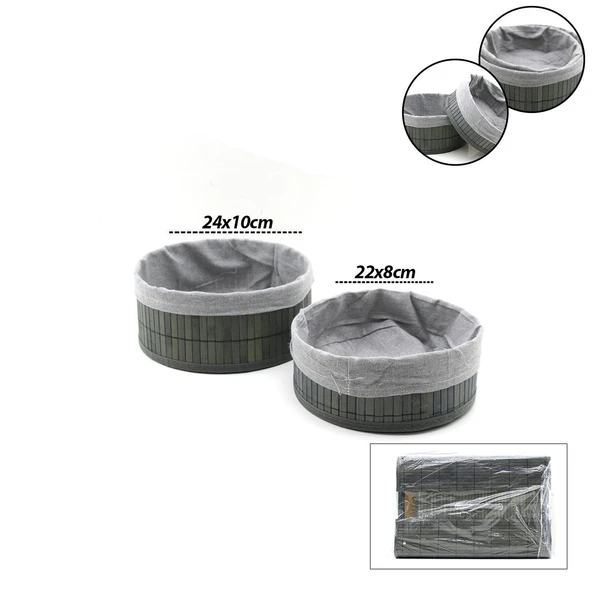 GRİ 2 BOY YUVARLAK BAMBU KENAR ORGANİZER SEPET AHŞAP ALTLIK - BEZLİ ÇAP=22X24CM (5067) ürün görseli 1