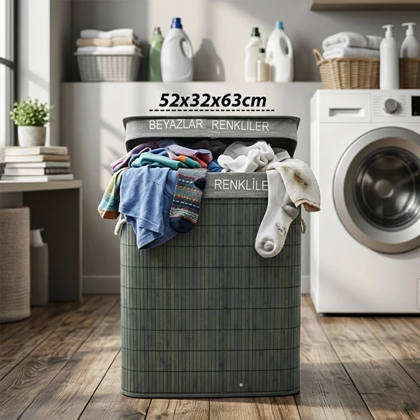GRİ DİKDÖRTGEN 2 BÖLMELİ 52X32CM Y:63CM BAMBU AHŞAP KİRLİ ÇAMAŞIR SEPETİ KUMAŞ ÇANTALI İP KULP (5067) ürün görseli 1