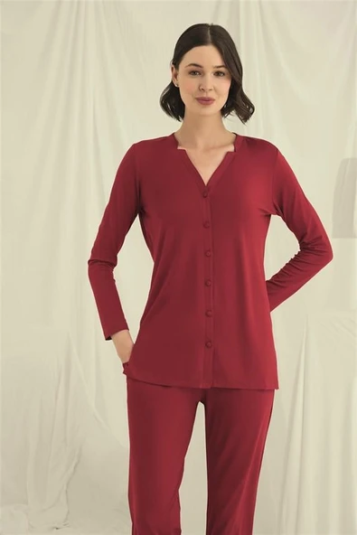 Uzun Kollu Boydan Düğmeli V Yaka Pijama Takımı ürün görseli 1