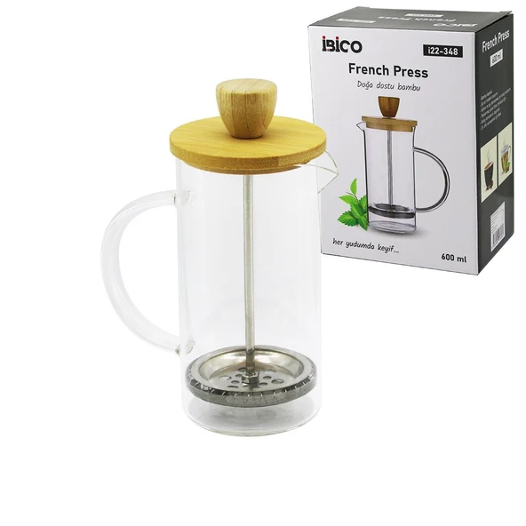 FRENCH PRESS BAMBU KAPAK 600ML CAM BİTKİ SÜZGEÇİ (5067) ürün görseli 1