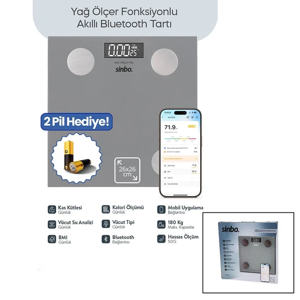 GRİ YAĞ ÖLÇER AKILLI BLUETOOTH CAM BASKÜL PİLLİ 180KG/50GR 26X26CM 8-KİŞİ HAFIZA LCD EKRAN ℃ GÖSTERGE SBS-4473 (5067) ürün görseli 1