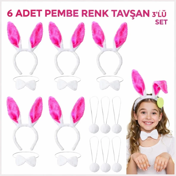 Şeker Pembesi Tavşan Sahne Seti 6'lı Set Taç Papyon Kuyruk (5067) ürün görseli 1