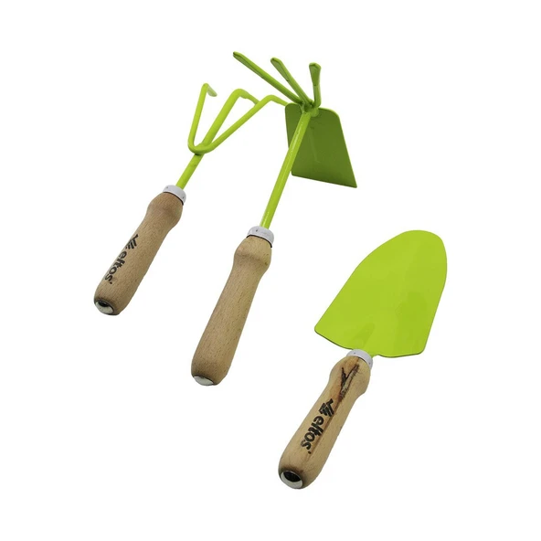 ELTOS EBS-003  3PCS  BAHÇE HOBİ SETİ  RENKLİ METAL   ÇİFT BAŞLI ÇAPA - 3 DİŞLİ TIRMIK - KÜREK  AHŞAP SAPLI (5067) ürün görseli 1