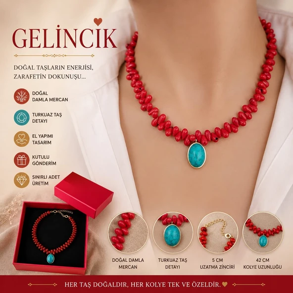 Gelincik Doğal Damla Mercan ve Altın Kaplama Turkuaz Taşlı El Yapımı Kolye ürün görseli 1