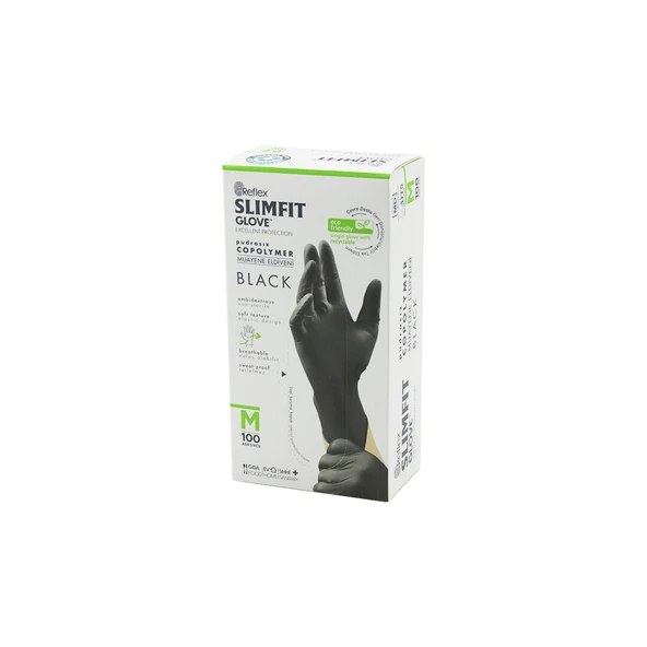 REFLEX SLİMFİT GLOVE KOD-032 M SİYAH PUDRASIZ MUAYENE ELDİVEN 100LÜ (5067) ürün görseli 1
