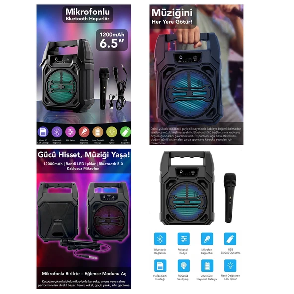 6.5 INC BLUETOOTH WİRELESS MİKROFONLU HOPARLÖR - SPEAKER USB SARJLI AUX - TF - USB PS-1283 (5067) ürün görseli 1