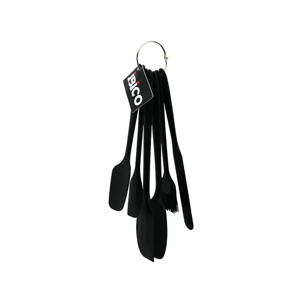6PCS  SİLİKON - SİYAH MUTFAK SETİ 2 KAŞIK - 3 SPATULA - YUMURTA FIRÇA  METAL ASMA HALKALI (5067) ürün görseli 1