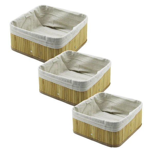 3 BOY KARE BAMBU KENAR ORGANİZER SEPET AHŞAP ALTLIK - BEZLİ 17X17-21X21-26X26CM (5067) ürün görseli 1